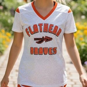 Flathead Braves Womens White Orange V Neck T Shirt Graphic Tee Top Size L